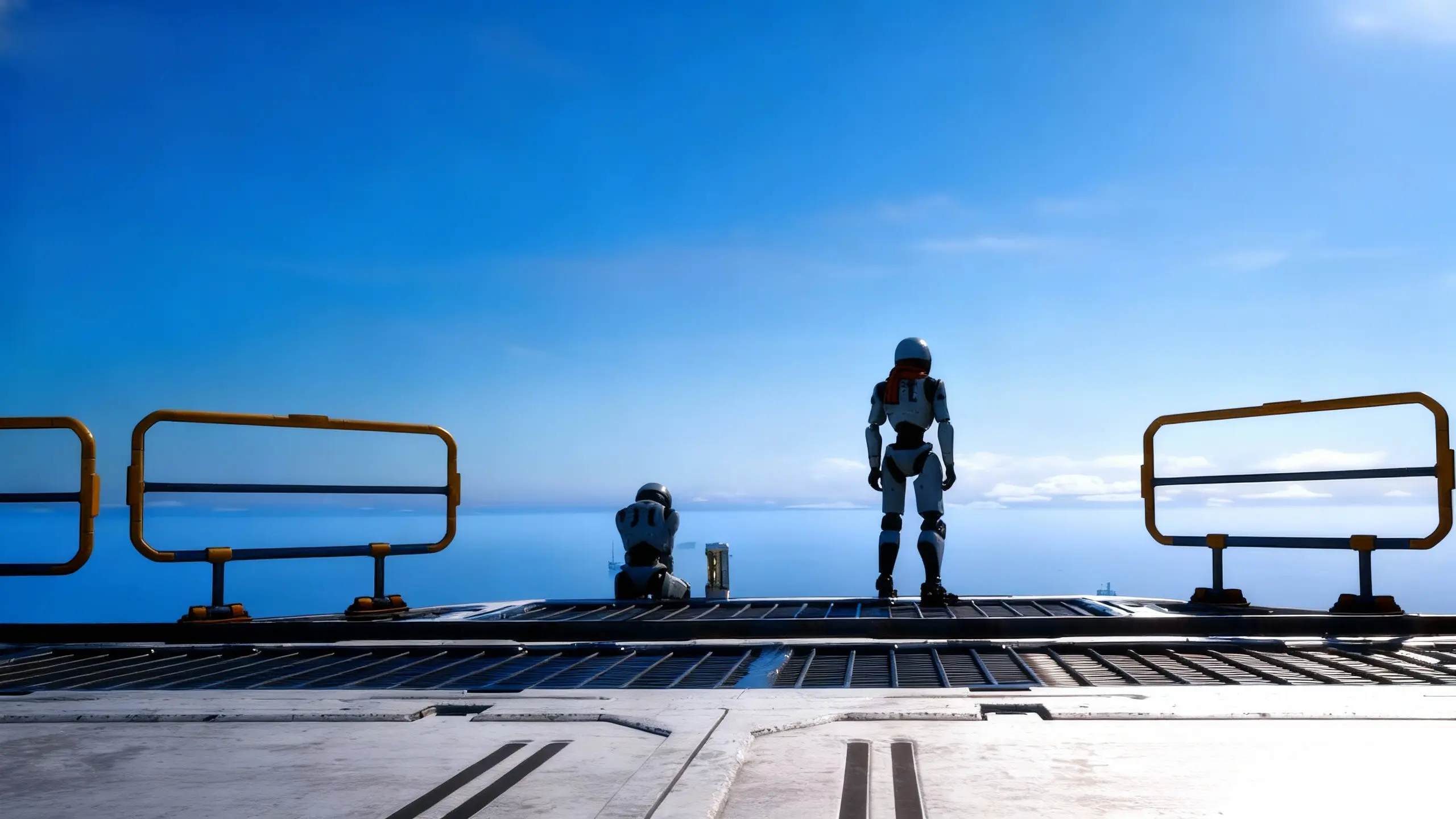 The Last Caretaker robots overlooking ocean horizon in post-apocalyptic wasteland