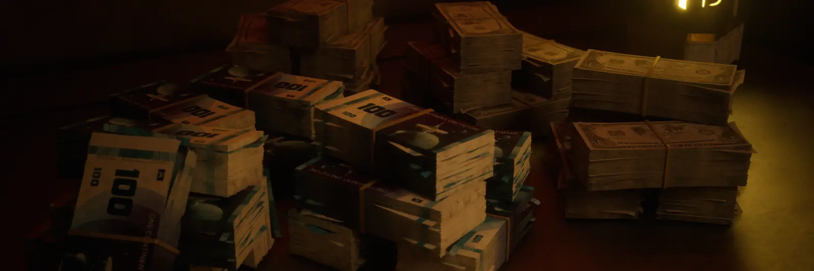Bundles of banknotes stacked on a table in The Last Caretaker.