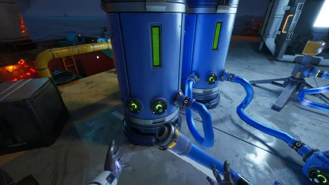 Two blue storage tanks connected to pipes in The Last Caretaker.