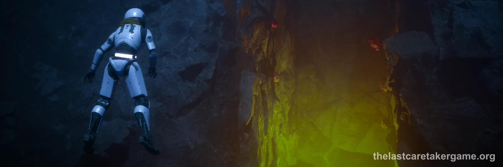 A Caretaker diving down a dark underwater cave lit by a green glow in The Last Caretaker, from the Update 1 press kit; it is not The Fourth Chamber itself.