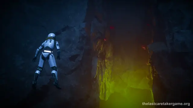 A Caretaker diving down a dark underwater cave lit by a green glow in The Last Caretaker, from the Update 1 press kit; it is not The Fourth Chamber itself.