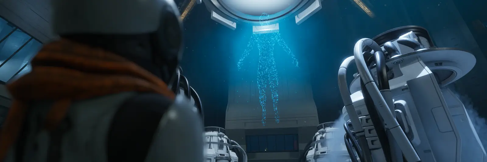 A Caretaker facing cultivation pods beneath blue light in The Last Caretaker.