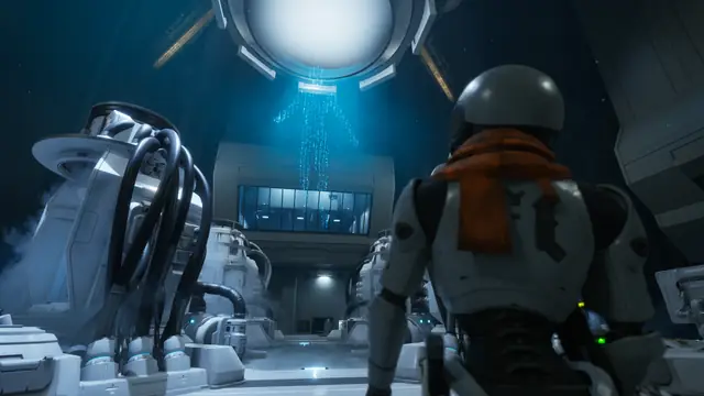 A Caretaker facing cultivation pods under a shaft of blue light inside Lazarus in The Last Caretaker.