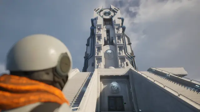 A Caretaker looking up at a tall white tower in The Last Caretaker.