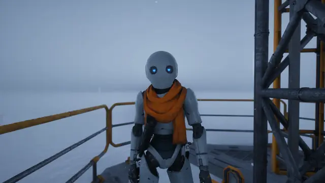A Caretaker with glowing blue eyes and an orange scarf beside platform railings and a steel tower in The Last Caretaker.