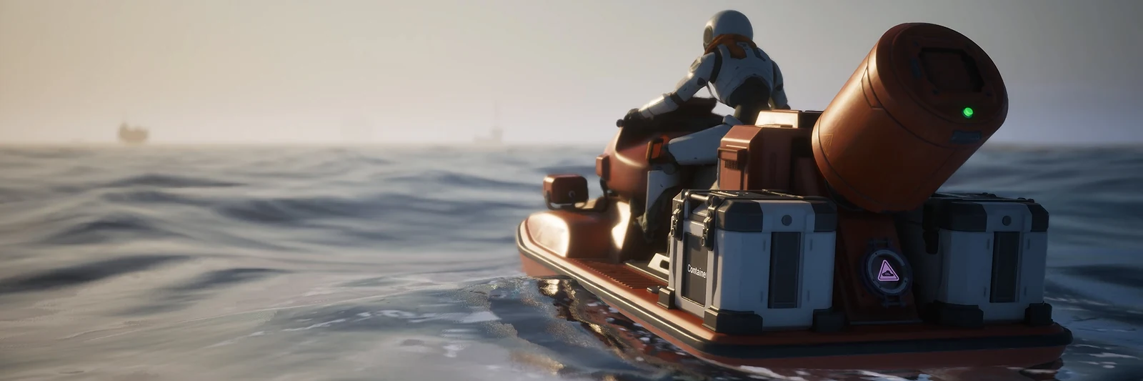 A Caretaker riding the CS-17 Courier Skimmer jet ski across open water, with a large cylinder fitted on its back, in The Last Caretaker.
