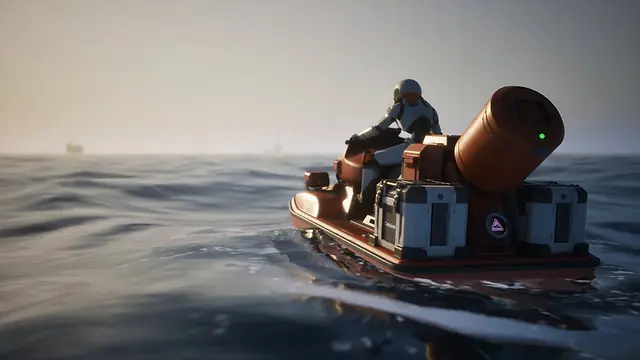 A Caretaker riding the CS-17 Courier Skimmer jet ski across open water, with a large cylinder fitted on its back, in The Last Caretaker.