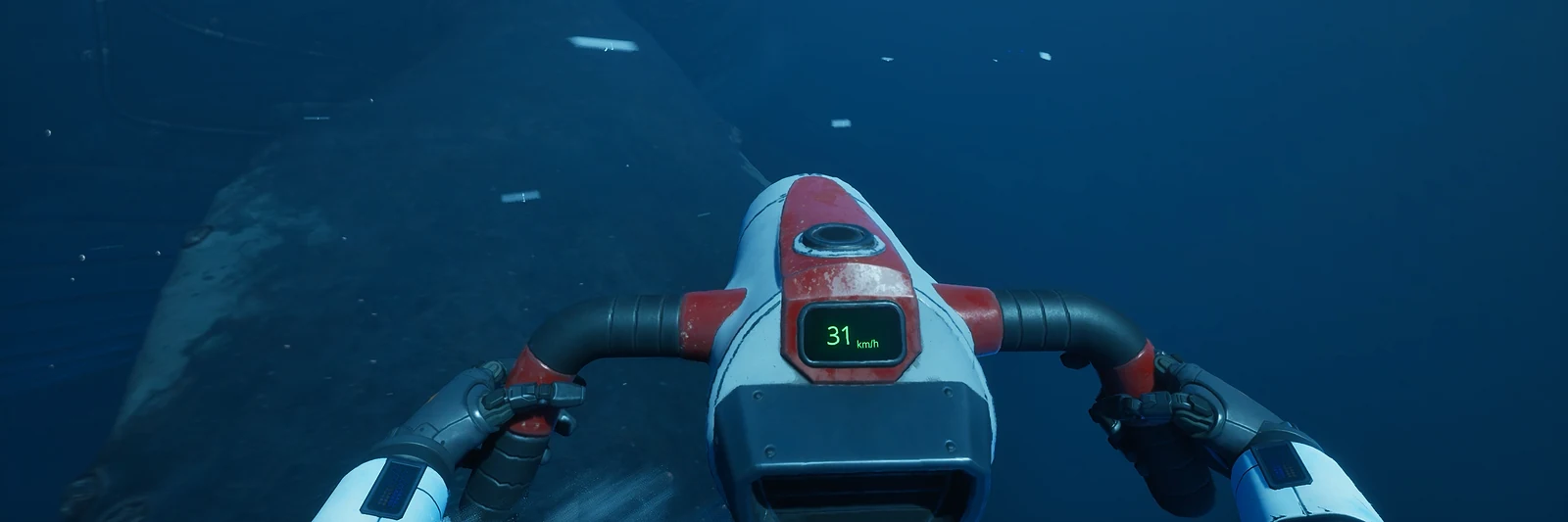 First-person view underwater of a Caretaker gripping a red and white TideRipper hand jet with a small speed display, a whale swimming alongside, in The Last Caretaker.