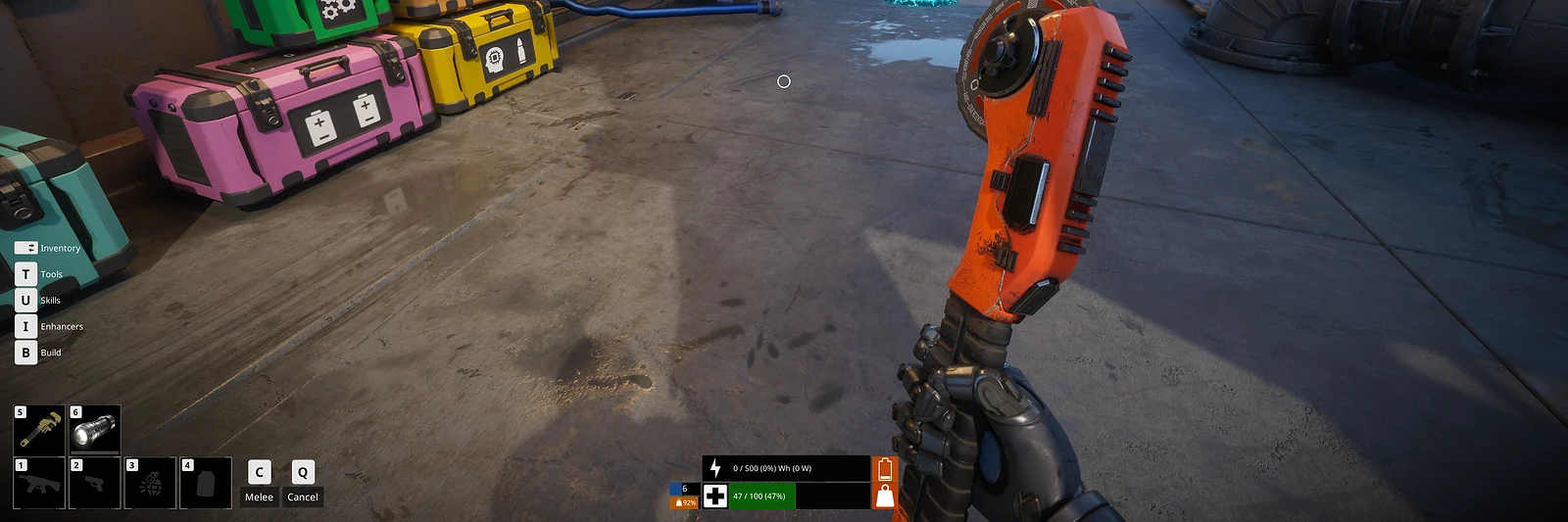 A Caretaker holding an orange hand tool on a deck beside stacked cases, with the level box, power and health bars at the bottom of the screen, in The Last Caretaker.