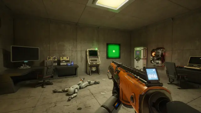 A first-person view of workbenches, terminals and equipment inside a concrete room in The Last Caretaker.