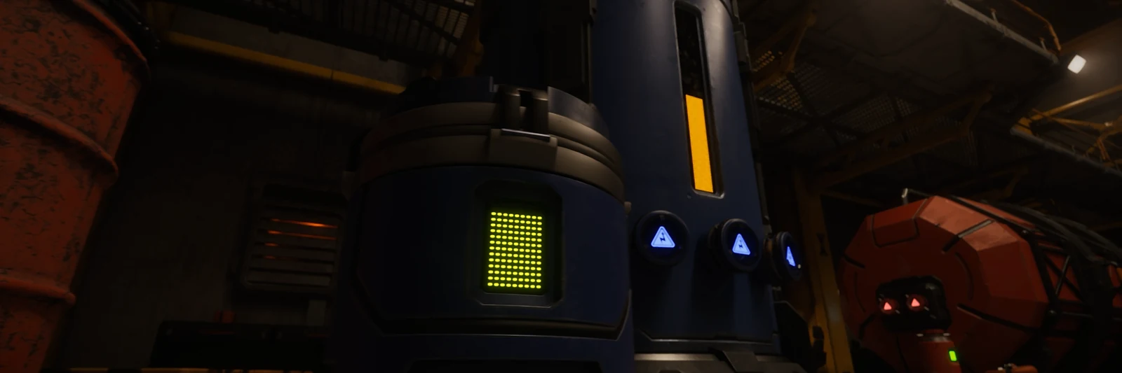Two blue storage containers with glowing lights in a dim warehouse hall, a walkway above and a round Rollerboi robot behind them, in The Last Caretaker, from the Update 5.5 press kit.