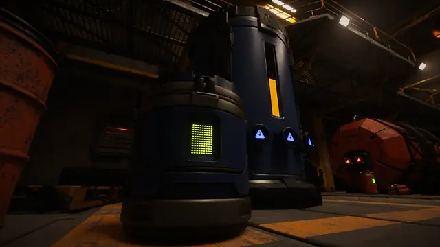 Two blue storage containers with glowing lights in a dim warehouse hall, a walkway above and a round Rollerboi robot behind them, in The Last Caretaker, from the Update 5.5 press kit.