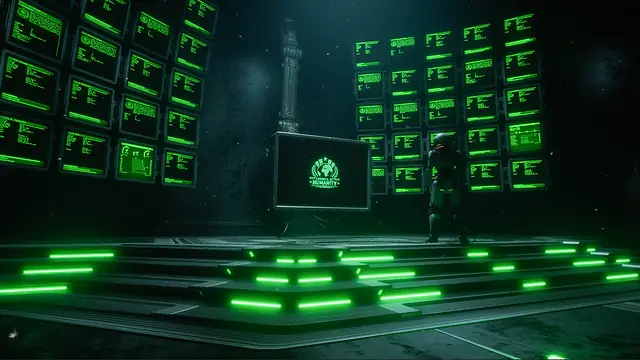 A Caretaker in the Council of Humanity chamber, beside the Council emblem and walls of green terminals showing human profiles, in The Last Caretaker.