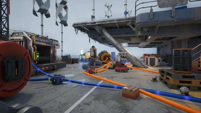 Machines on an open deck linked by blue cables and orange hoses in The Last Caretaker.