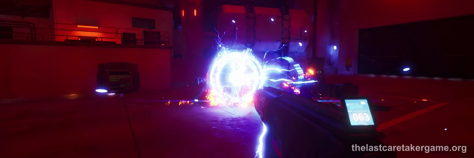 An electric gun held in first person firing a burst of purple lightning across a red-lit hall in The Last Caretaker; the press kit does not say which electric weapon it is.