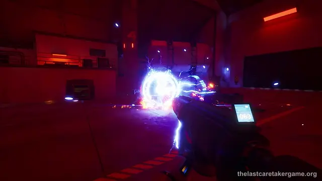 An electric gun held in first person firing a burst of purple lightning across a red-lit hall in The Last Caretaker; the press kit does not say which electric weapon it is.