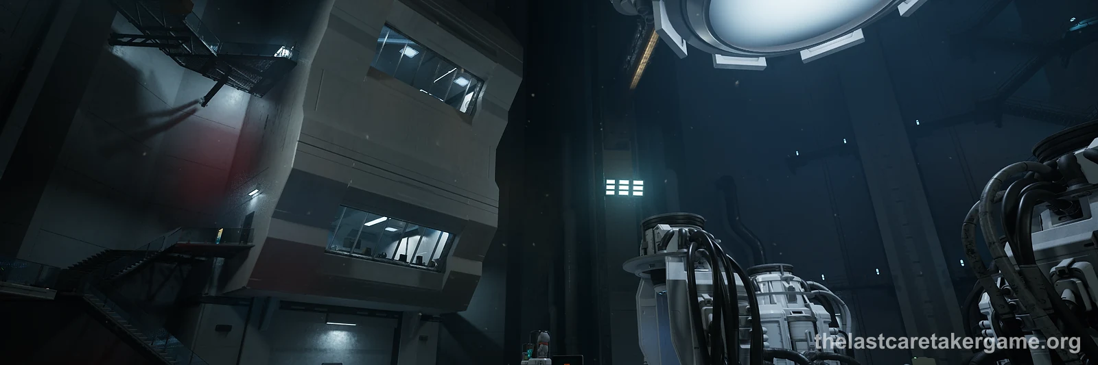 A large facility hall with machines under a round ceiling light in The Last Caretaker, from the Xbox and Road to 1.0 press kit; it is not the Project Crossing room or the Continuity Token.