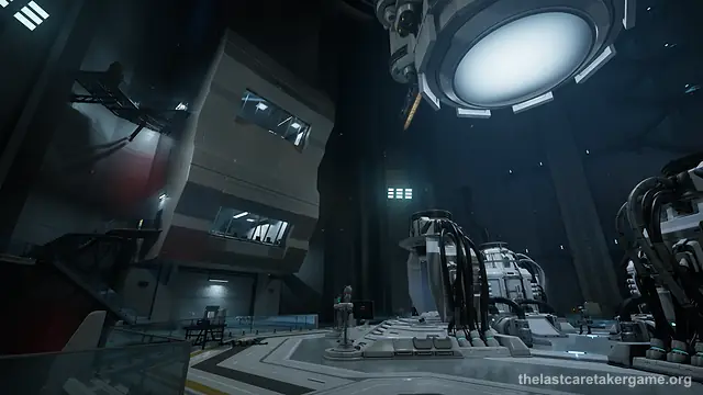 A large facility hall with machines under a round ceiling light in The Last Caretaker, from the Xbox and Road to 1.0 press kit; it is not the Project Crossing room or the Continuity Token.
