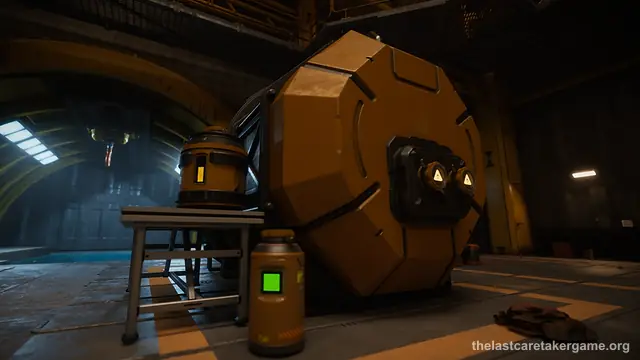 A large orange fuel container and smaller barrels in a warehouse hall in The Last Caretaker, from the Update 5.5 press kit.