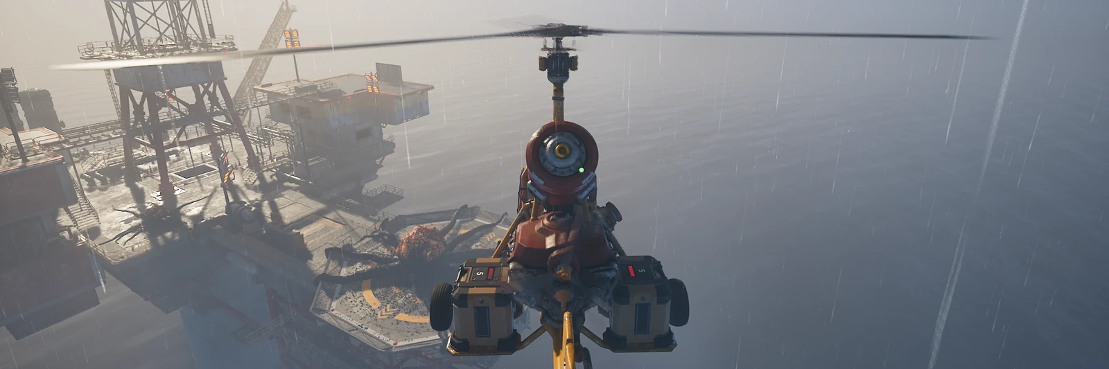 The Caretaker flying a Gyrocopter through rain past an oil rig in The Last Caretaker, from the Xbox announcement press kit.