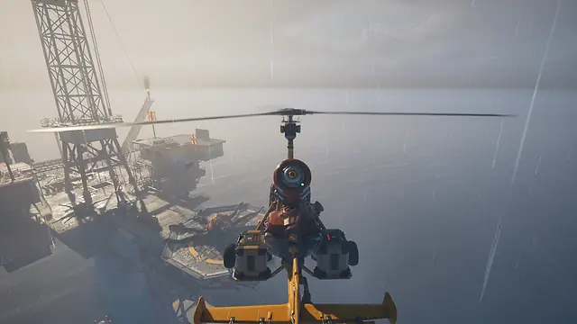 The Caretaker flying a Gyrocopter through rain past an oil rig in The Last Caretaker, from the Xbox announcement press kit.