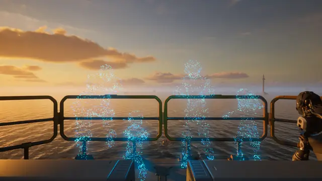 A holographic image beyond the railing of a deck at sunset in The Last Caretaker.