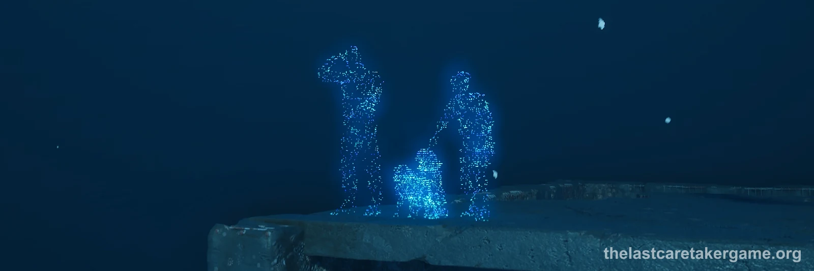 Glowing blue holograms of two adults and a small child standing on a concrete ledge deep underwater, in The Last Caretaker, from the Update 5.5 press kit; it is a HoloMemory scene, not Anna or the Anna Echo.