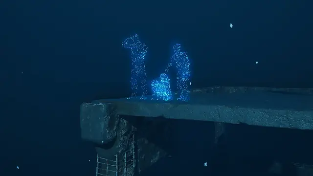 Glowing blue holograms of two adults and a small child standing on a concrete ledge deep underwater, in The Last Caretaker, from the Update 5.5 press kit; it is a HoloMemory scene, not Anna or the Anna Echo.