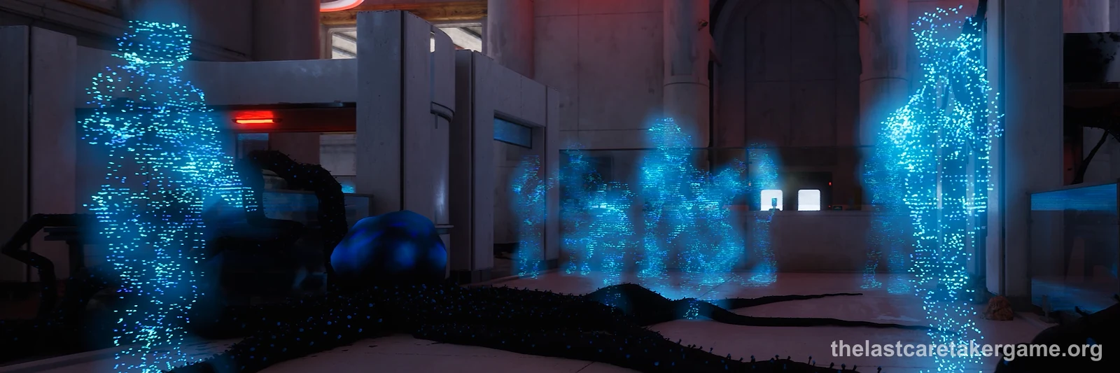 Blue holograms of people standing in a facility hall in The Last Caretaker, from the Update 5.5 press kit; it is not the North Bastion laboratory or Anna's hologram itself.