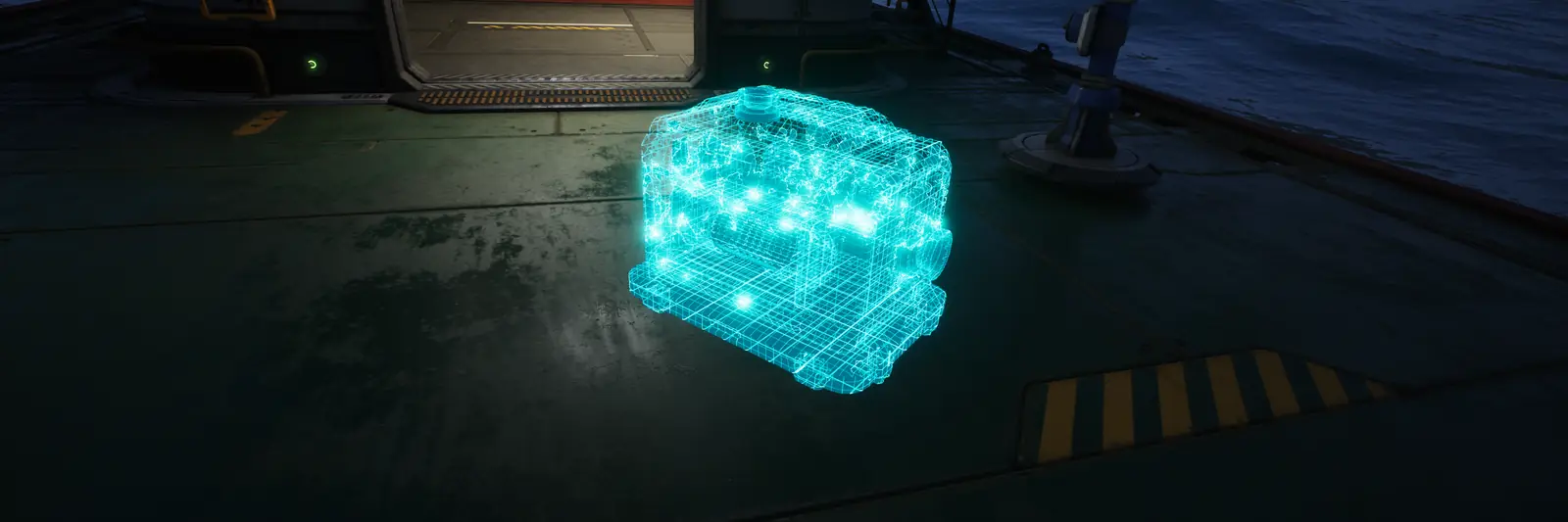 A glowing holographic blueprint box on a deck in The Last Caretaker.