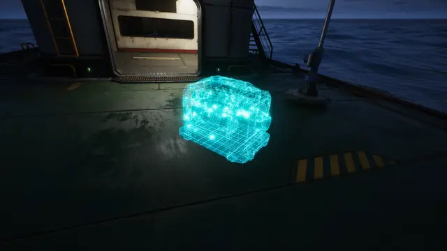 A glowing holographic blueprint box on a deck in The Last Caretaker.