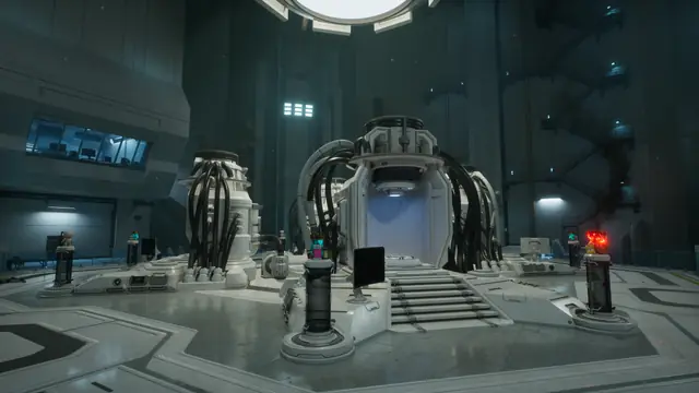 A white cultivation pod beneath an overhead opening in a tall Lazarus room in The Last Caretaker.