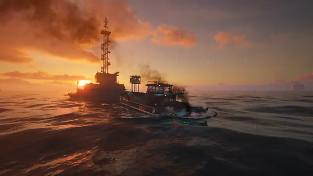 The Caretaker's boat sailing alone across the sea at sunset in The Last Caretaker.