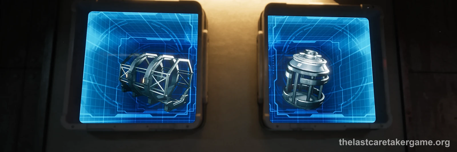 Two holographic blueprint displays showing metal parts on a wall in The Last Caretaker, from the Update 5.5 press kit; it does not show Stainless Steel itself.