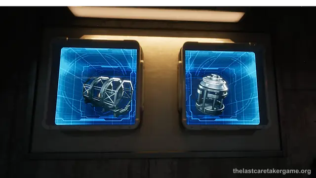 Two holographic blueprint displays showing metal parts on a wall in The Last Caretaker, from the Update 5.5 press kit; it does not show Stainless Steel itself.