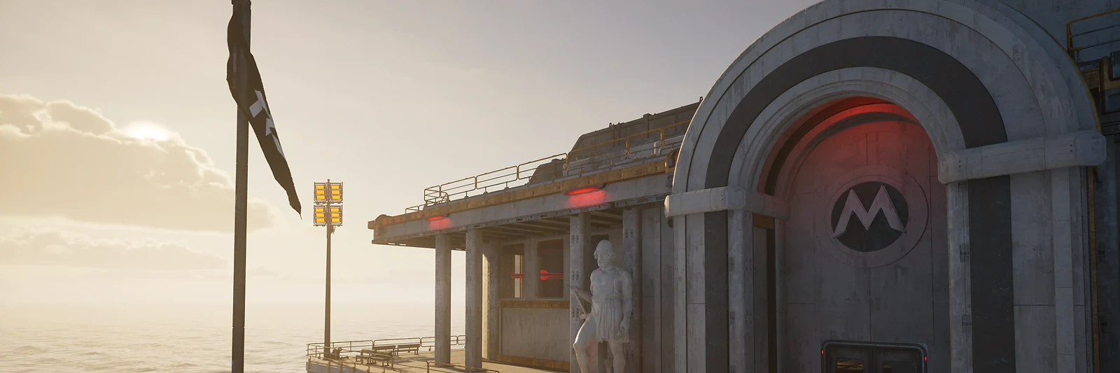 An arched doorway with a MOSES M emblem on a sunny sea platform in The Last Caretaker, from the Xbox announcement press kit; it is not the Transfer Gate.