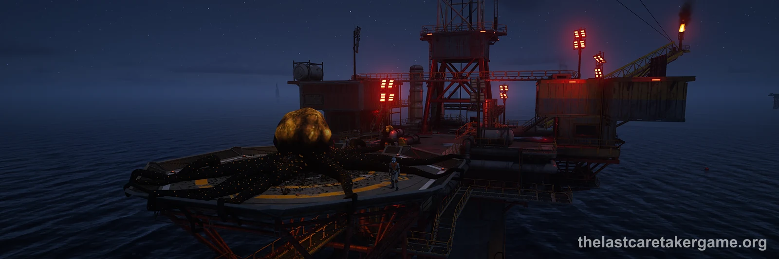 A giant tentacled creature sprawled across the helipad of an offshore oil rig at night, with a small figure standing beside it, in The Last Caretaker; the press kit does not name the rig, so it may not be Black Vein Station.