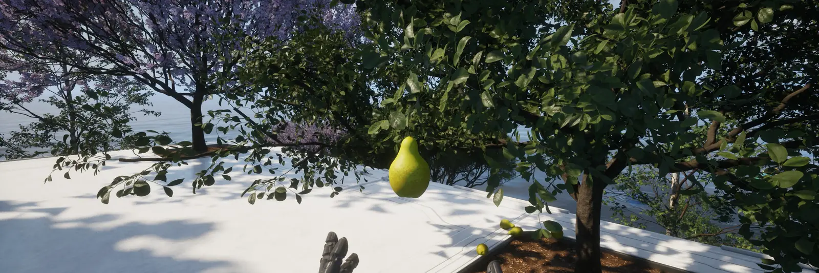 A hand reaching toward a pear among leafy branches in The Last Caretaker.