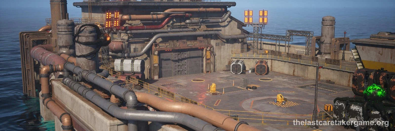 Thick pipes running across an industrial platform above the sea in The Last Caretaker, from the Update 3 press kit; it does not show a Water Pump or Water Purifier.