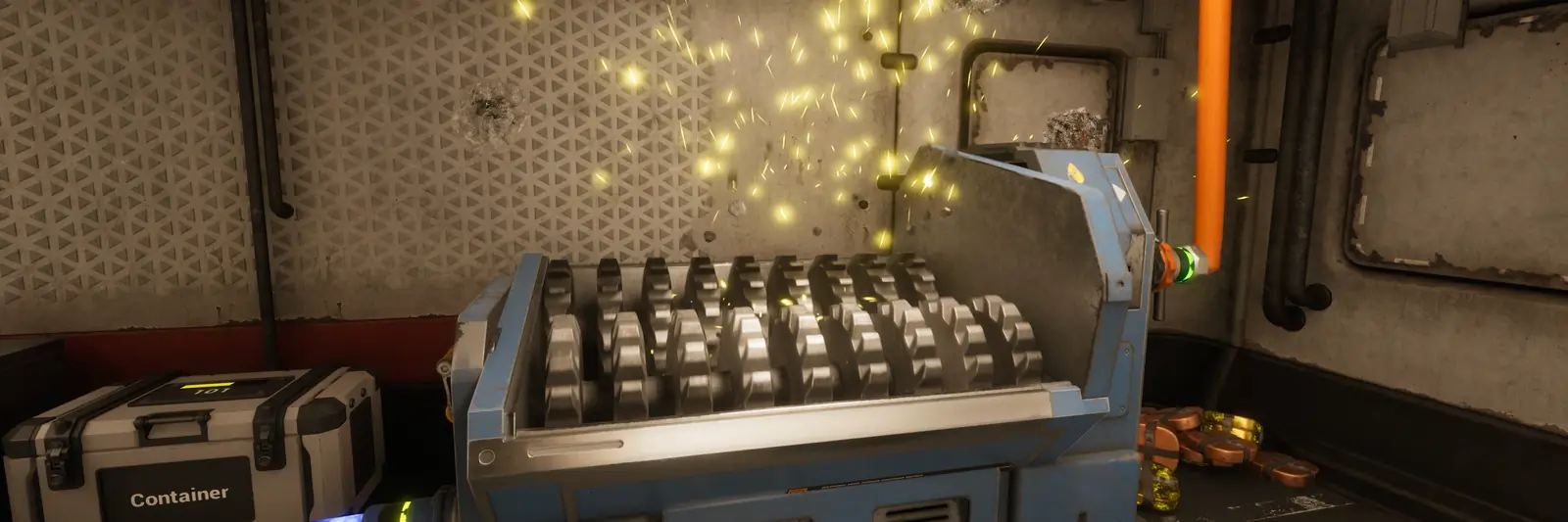 Sparks flying above an open recycling machine inside a base in The Last Caretaker.