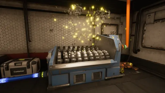 Sparks flying above an open recycling machine inside a base in The Last Caretaker.