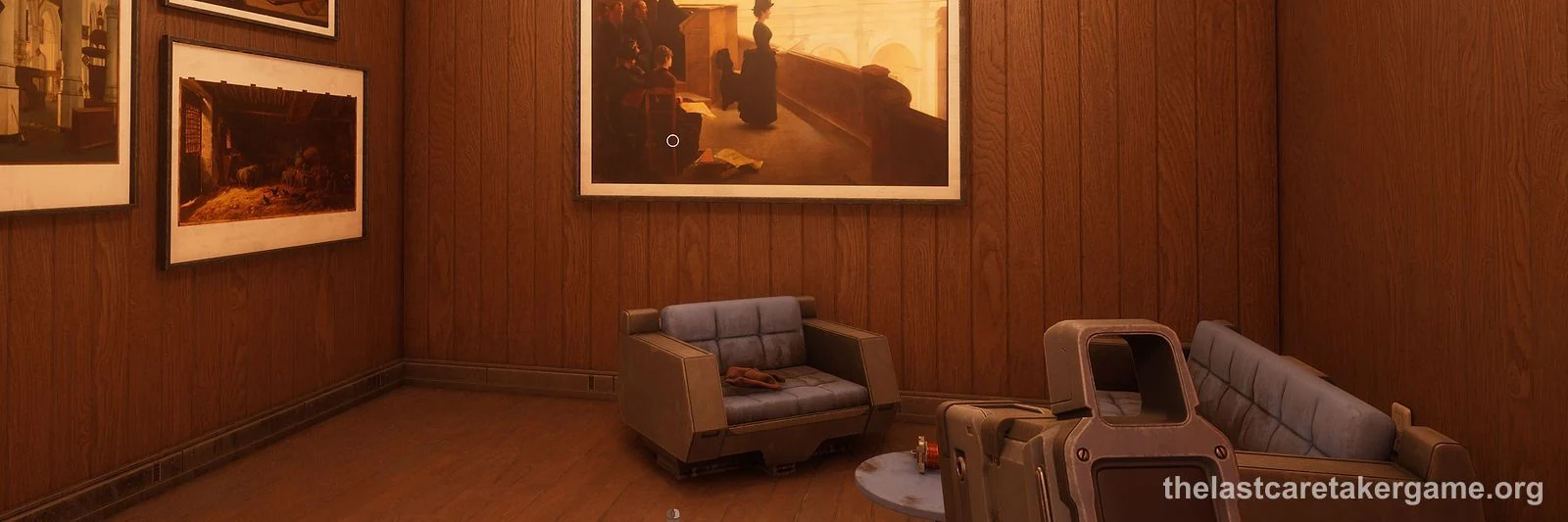 The Caretaker holding the Replica Scanner in a wood-panelled lounge with armchairs and framed paintings, in The Last Caretaker, from the Update 02 press kit.