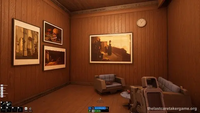 The Caretaker holding the Replica Scanner in a wood-panelled lounge with armchairs and framed paintings, in The Last Caretaker, from the Update 02 press kit.