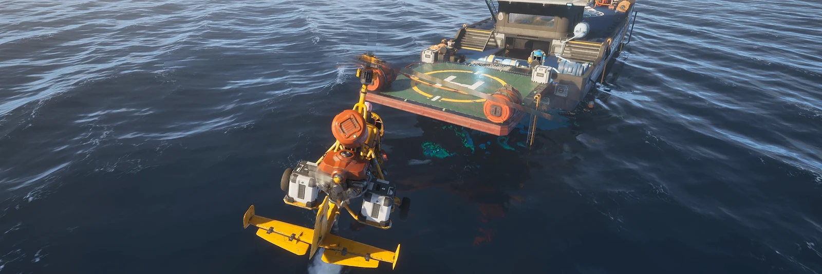 A yellow Salvage Gyro flying low over the sea toward the landing pad on a boat in The Last Caretaker, from the Update 5 press kit; it does not show a silo.