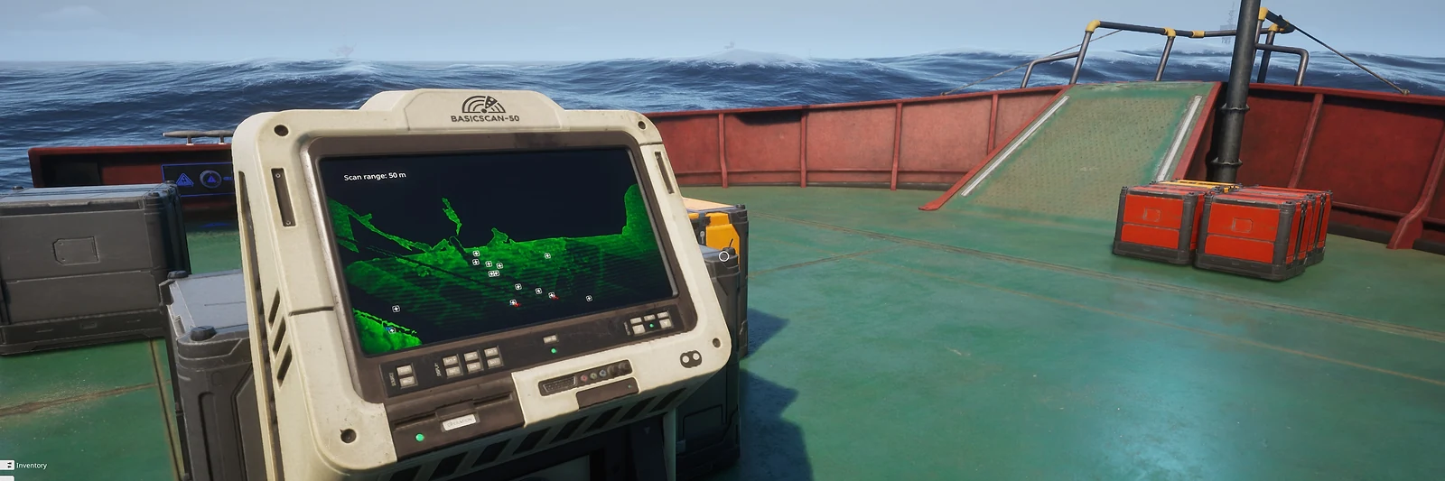 The Scan-50 sonar on the boat deck, its green screen showing the seabed with + markers and a 50 m scan range, in The Last Caretaker.
