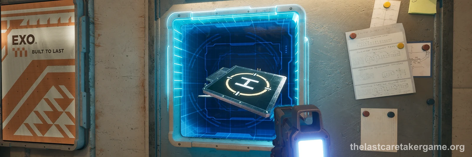 A handheld scanner pointed at a wall blueprint showing a hologram of a helipad in The Last Caretaker, from the Update 5.5 press kit.