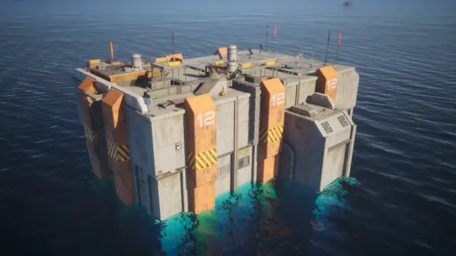 A large structure marked with the number 12 above the sea in The Last Caretaker.