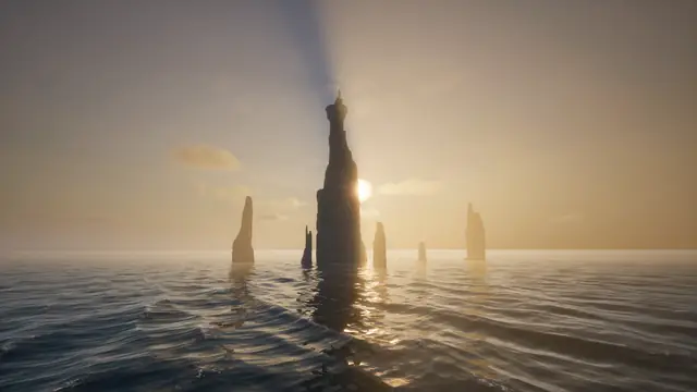 Rock spires rising from the sea at sunset in The Last Caretaker.