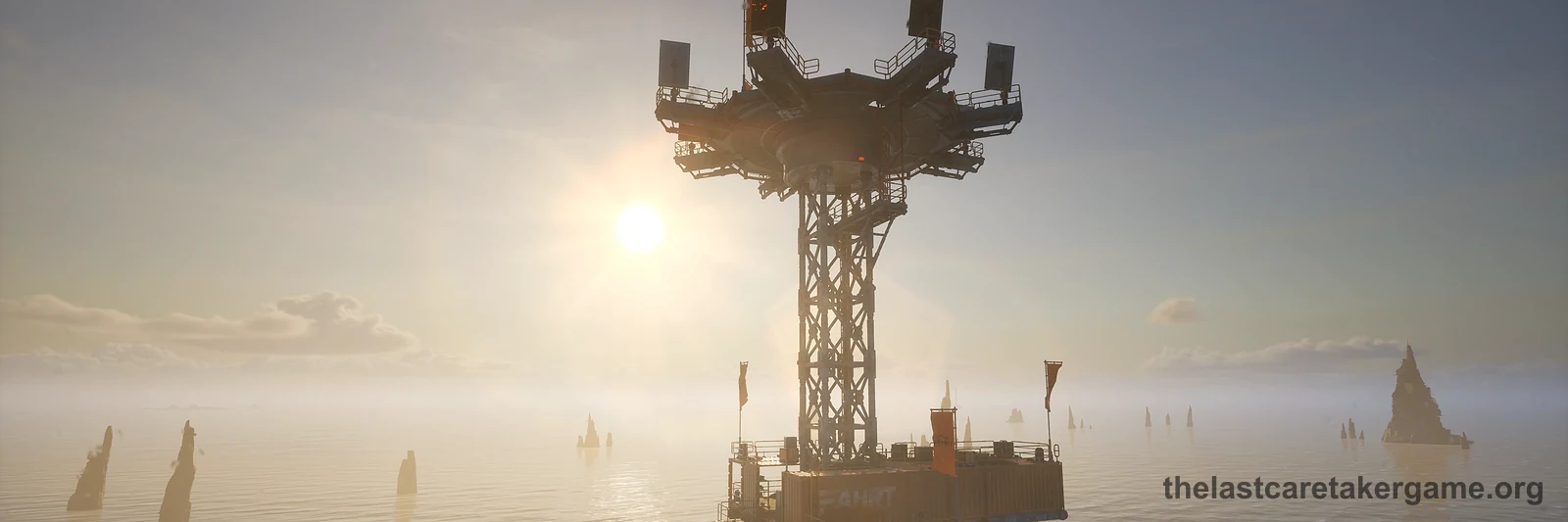 A tall steel tower with a smoking stack on top, rising from a platform in a misty sea at sunrise, in The Last Caretaker, from the Update 5.5 press kit.