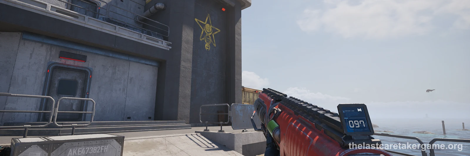 A concrete building with a yellow star emblem beside a sealed door, seen past a red weapon held in first person, in The Last Caretaker; the press kit does not say this is the Last Listener Station.